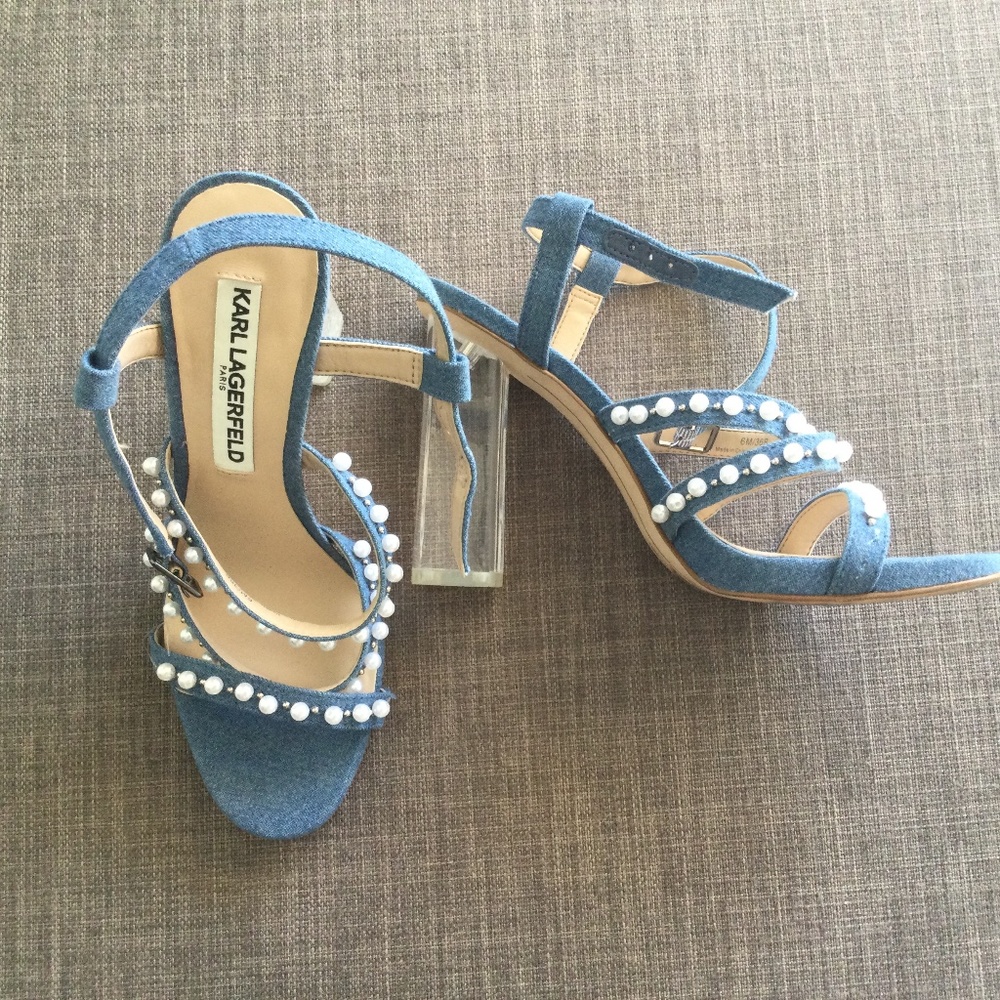 Karl Lagerfeld heels sandals jean fabric and pearl. Lucite heels